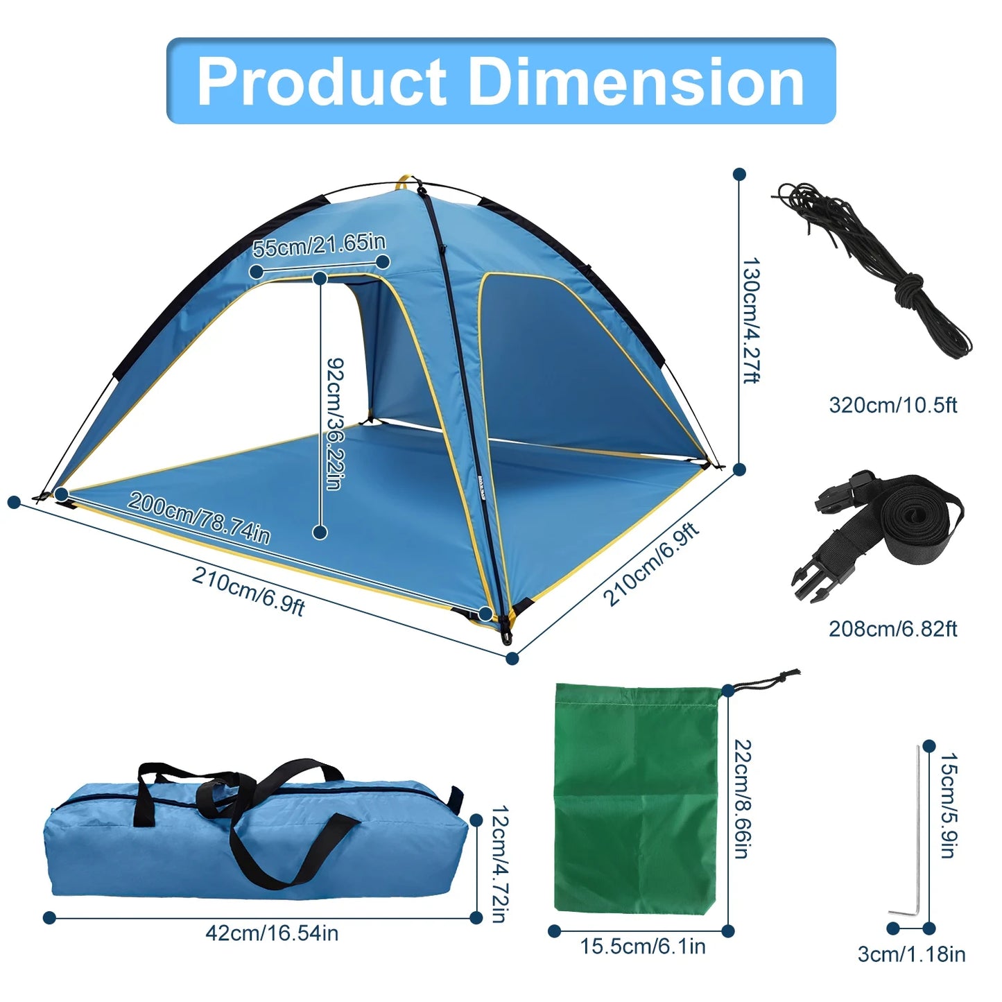 Beach Tent Sun Shelter UPF 50+ – 6.9 x 6.9 ft Portable Canopy for 4–6 Adults
