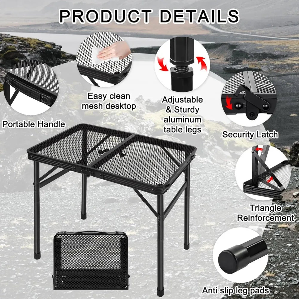 Portable Folding Camping Table | Height Adjustable Metal Mesh Top for Outdoor Cooking & Picnic