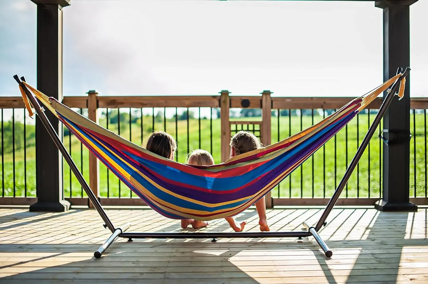 Activity limited-time priceDouble Cotton Hammock with Space Saving Steel Stand, Upgraded Polyester End Strings 450 lb Capacity -