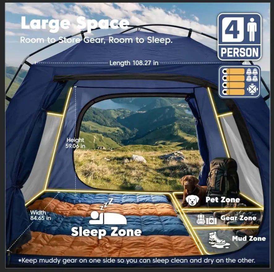 4 Person Dome Tent for Camping with Rainfly, Easy Setup Portable Outdoor Shelter for Family and Group Trips