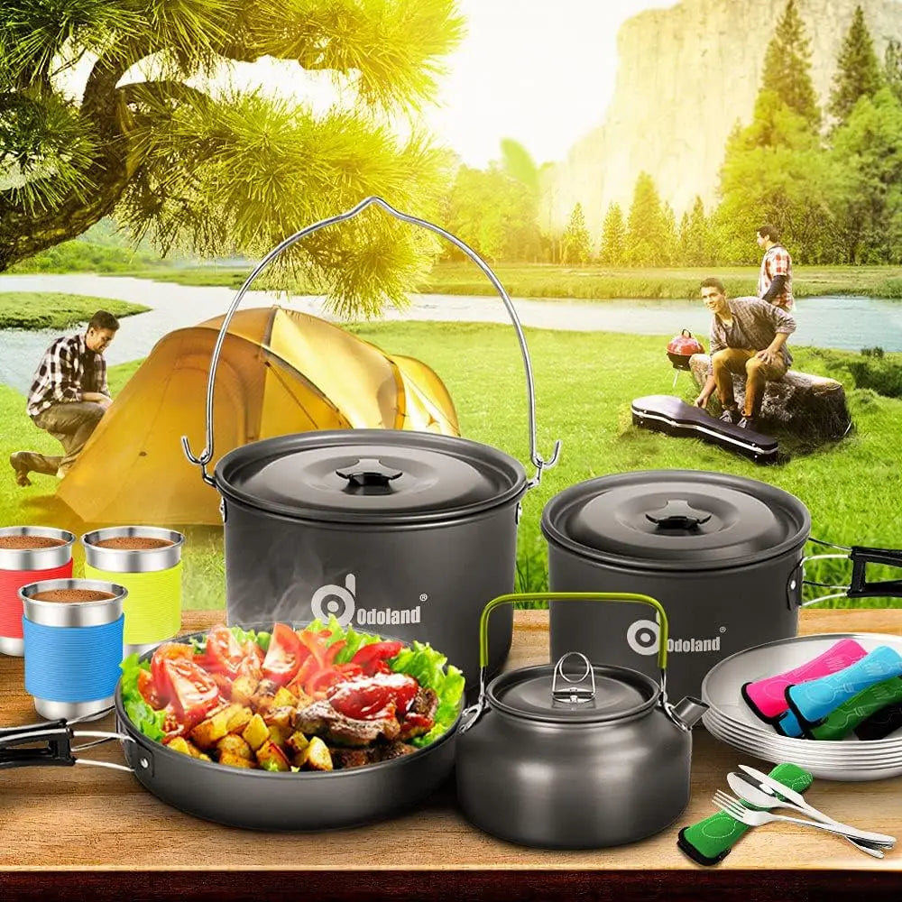39pcs Large Size Non-Stick Camping Cookware Set with Hanging Pot Pan Kettle Base Outdoor Cooking Cutlery Included