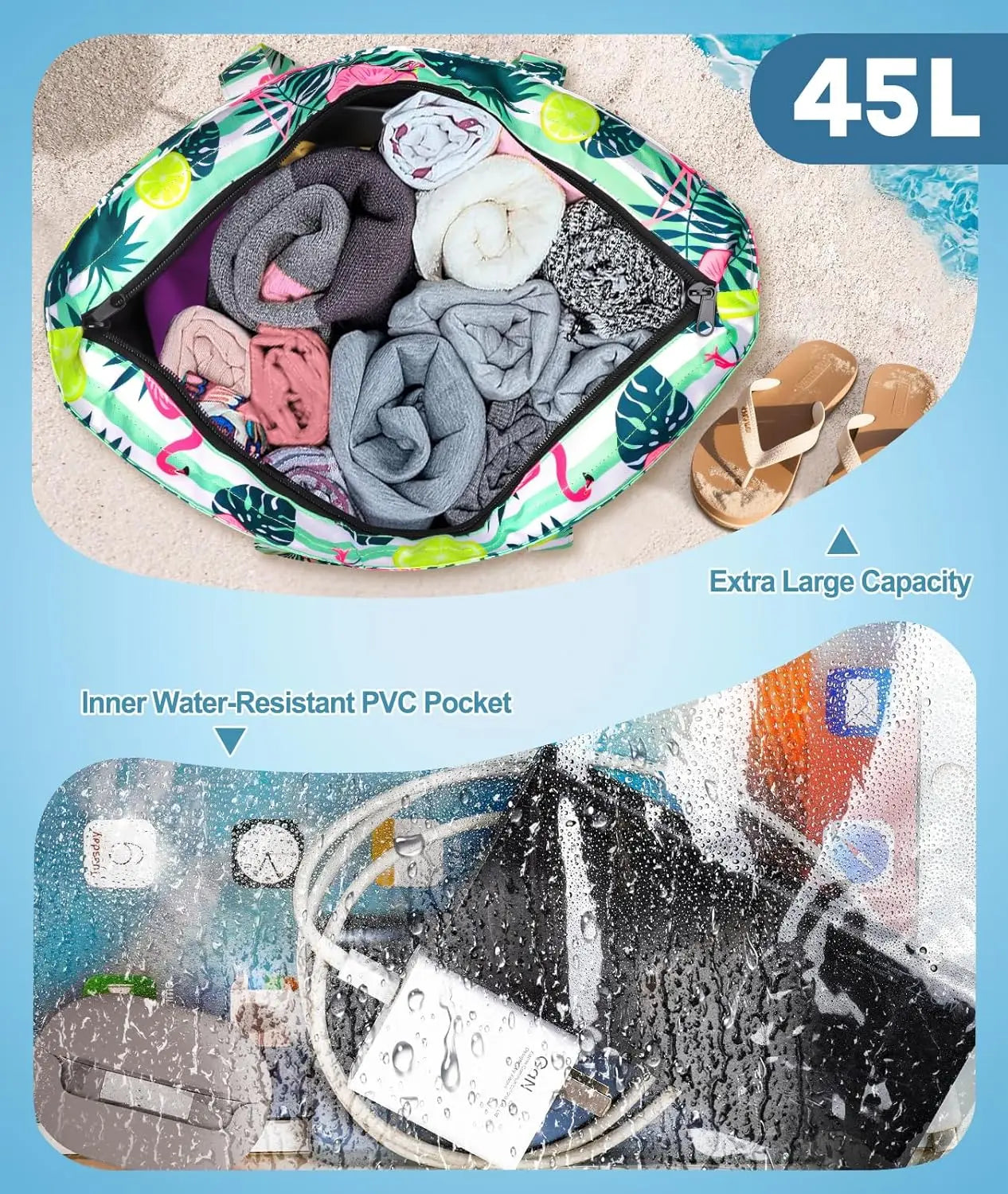 Extra Large Beach Tote, Lightweight Foldable