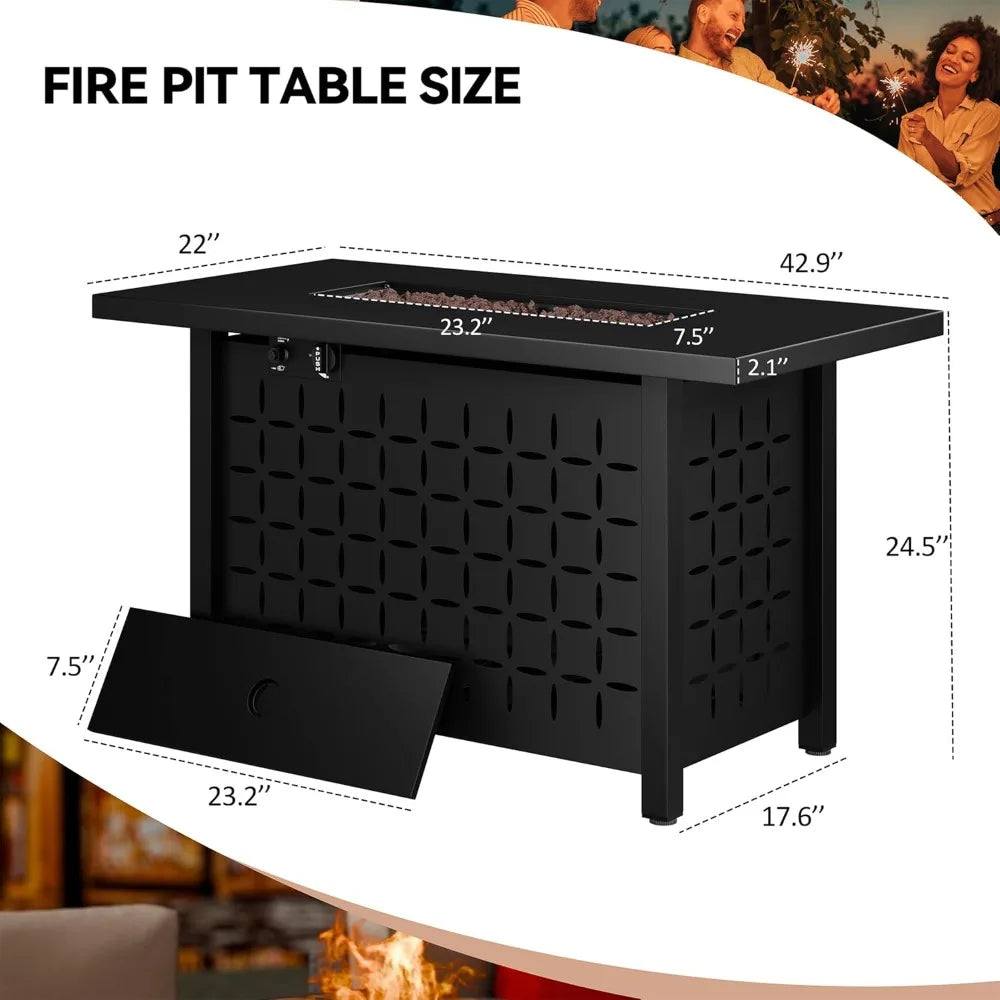 43 inch Gas Fire Pit Table, 50,000 BTU Outdoor Rectangular Propane Firepit Table with Lid, Glass Wind Guard
