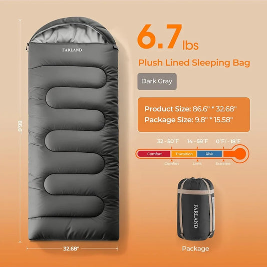 FARLAND Cold Weather Sleeping Bag for Adults – Fleece-Lined, Down-Cotton Fill, Rated to -20°C