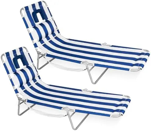 2-Pack Folding Tanning Beach Chair with Face Hole | 5-Position Reclining Sun Lounger