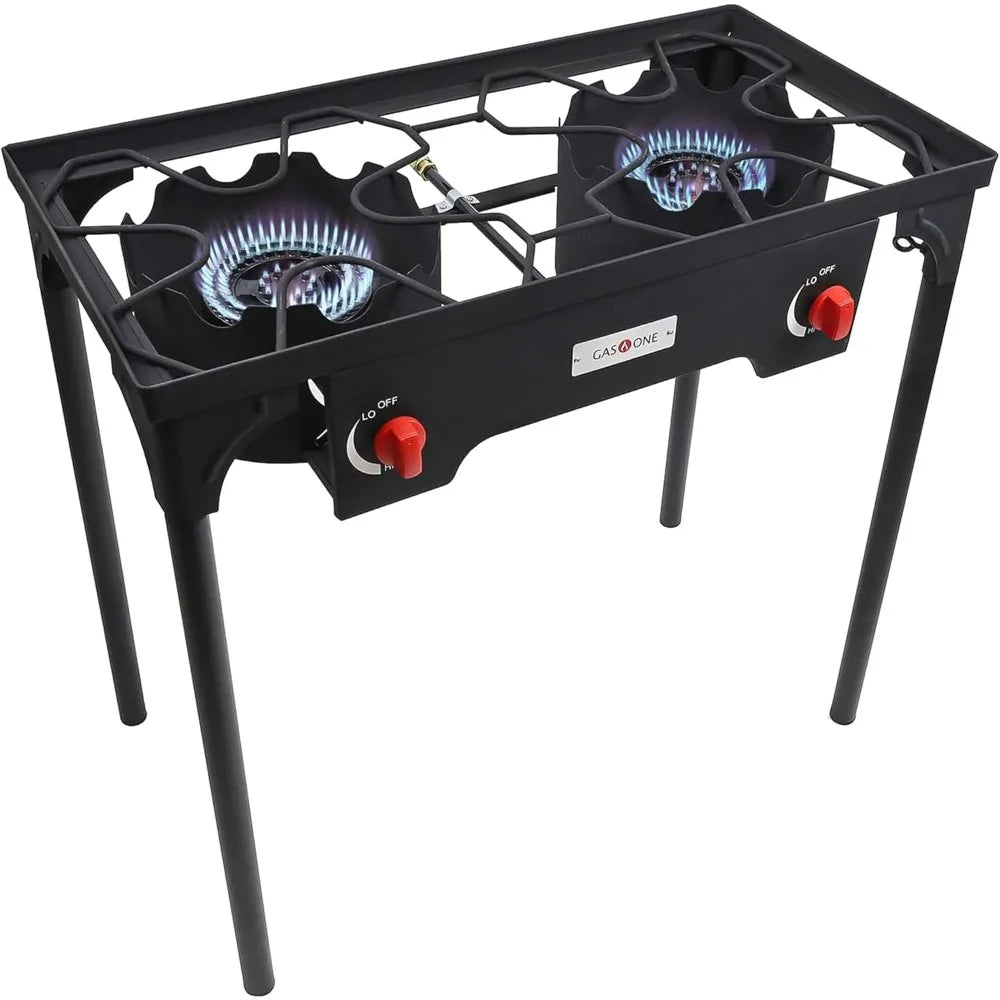 Propane Double Burner Camp Stove | High Pressure | Adjustable PSI | Cast Iron Grates