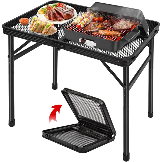 Portable Folding Camping Table | Height Adjustable Metal Mesh Top for Outdoor Cooking & Picnic