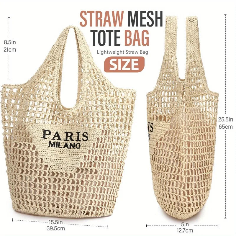 Summer Straw Beach Bag – Woven Tote with Hollow-Out Design for Beach, Travel & Holiday