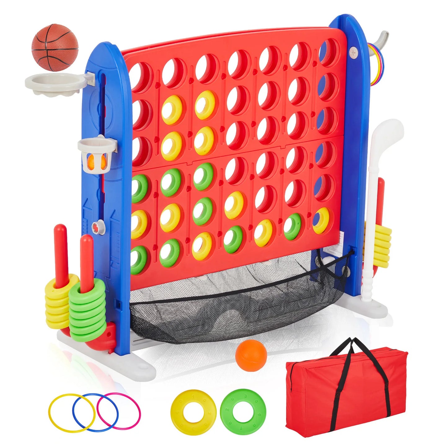 4-in-1 Giant Connect Game Set, Adjustable Height, Basketball Hoop, Ring Toss