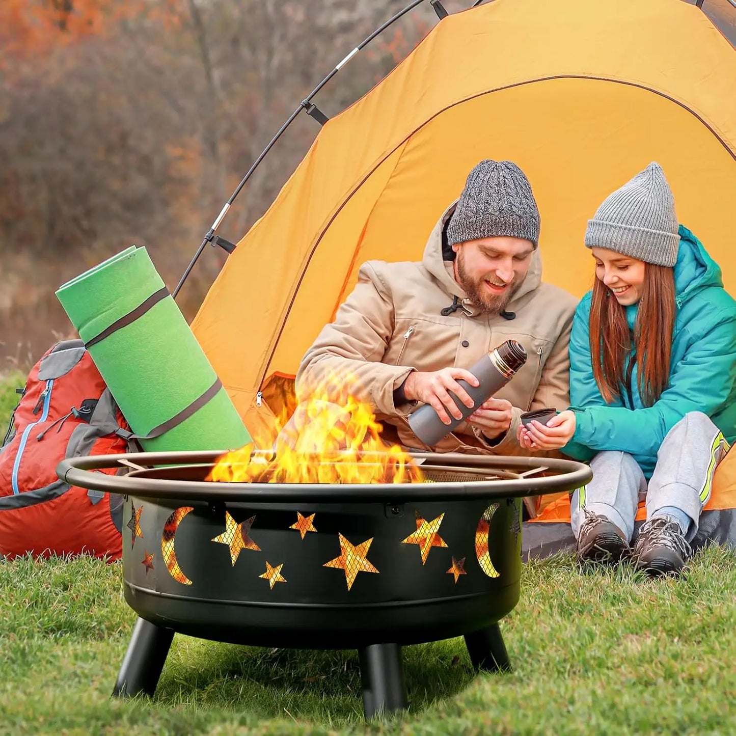 32" Round Wood Burning Fire Pit – Star & Moon Design with Mesh Cover and Poker