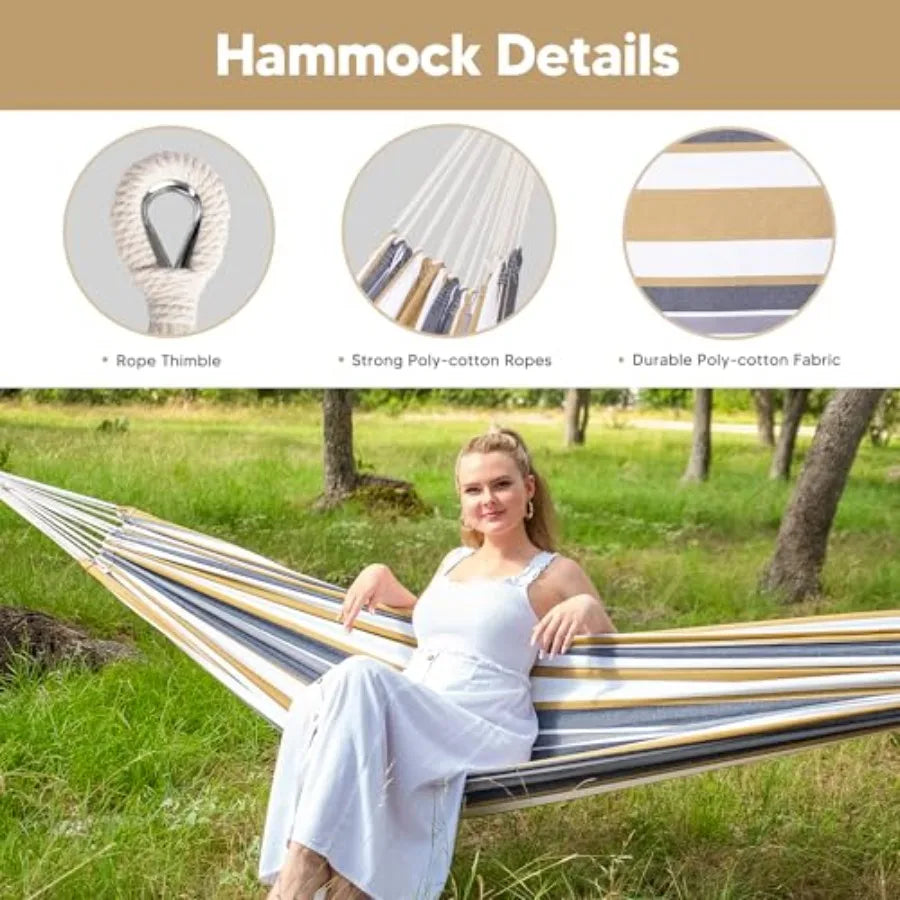 2 Person Hammock with Stand for Outdoor Patio Use, Heavy Duty Steel Frame, Coffee Stripes Pattern, Easy Setup Portable Design