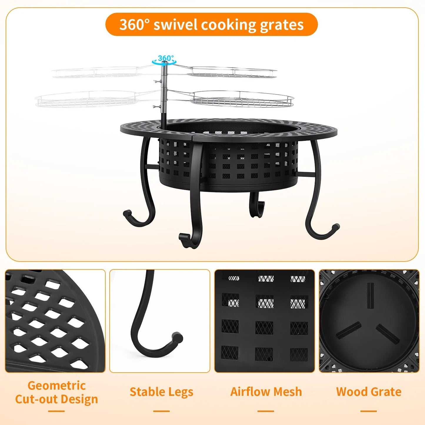 36 Inch Wood Burning Fire Pit with 2 Adjustable Grills & Lid