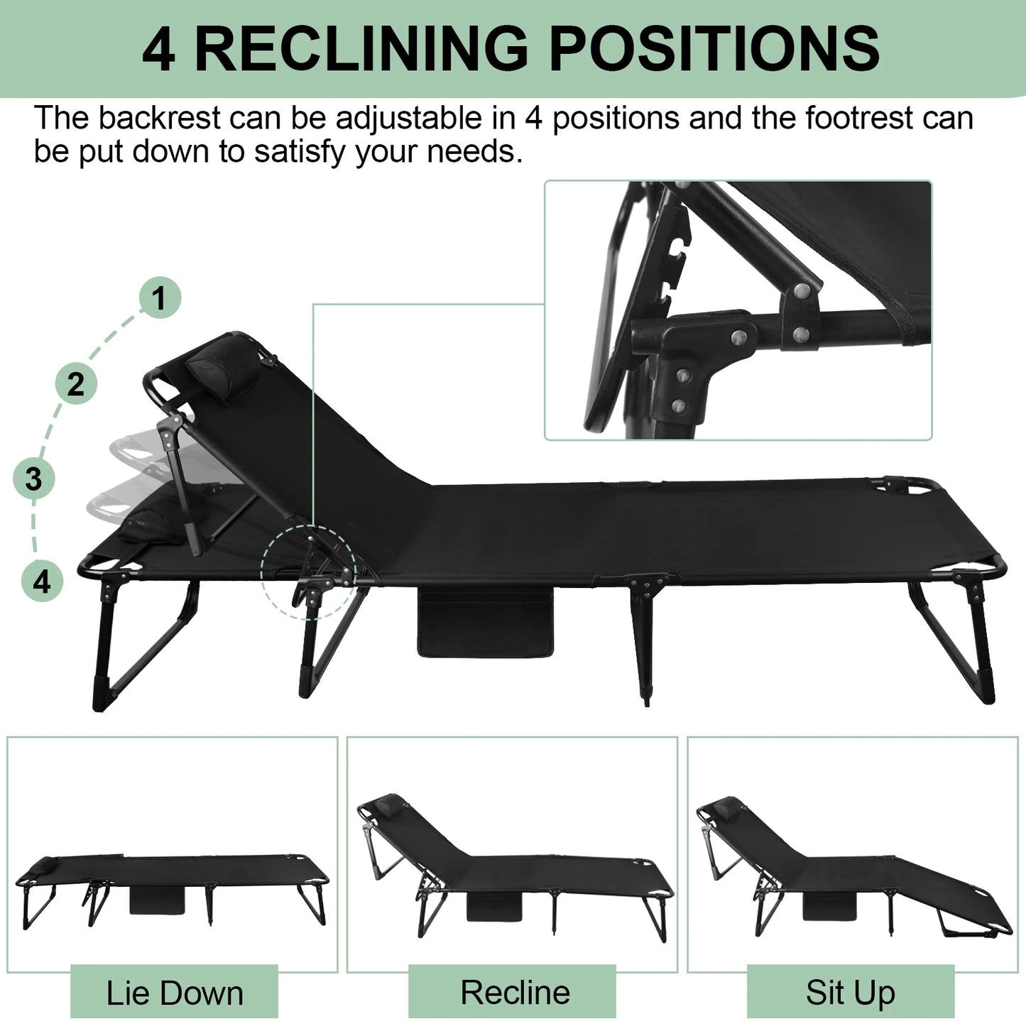 Folding Camping Cot - 3-Position with Pillow