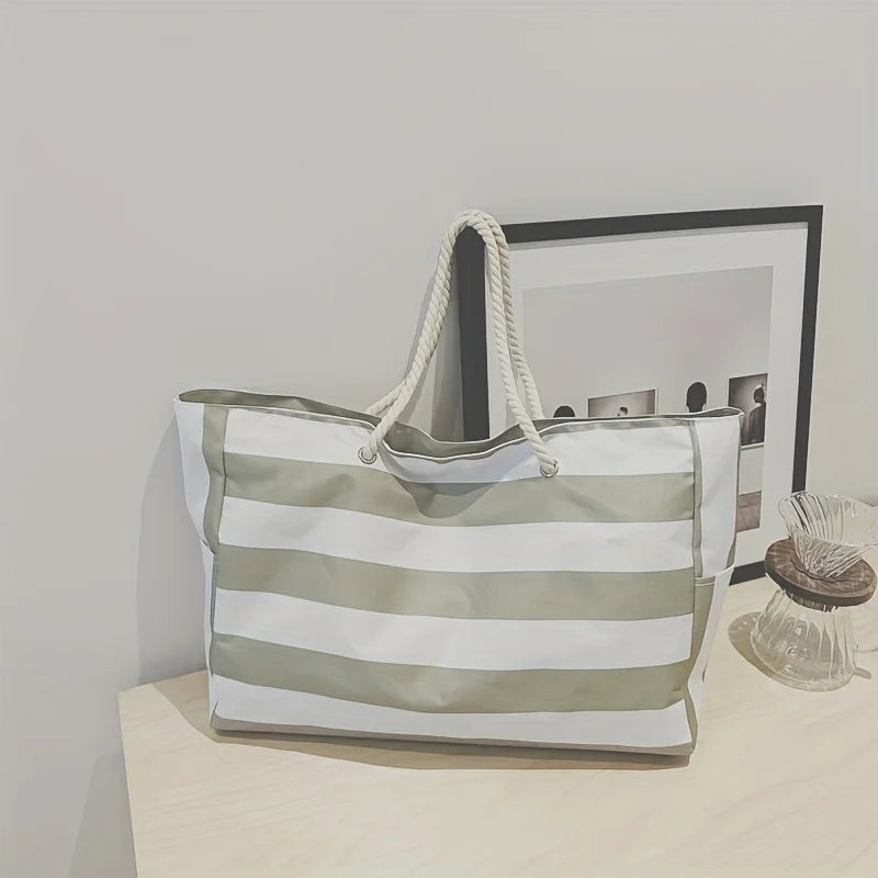 Fashion Striped Beach Tote Bag, Waterproof and Sand-Proof Foldable Beach Bag, Large-Capacity Portable Storage Bag, Shoulder Bag