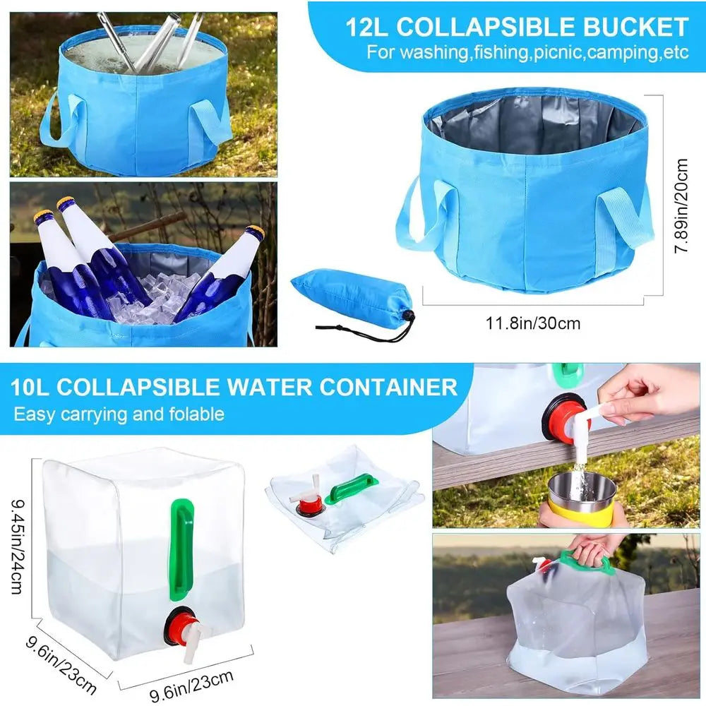 42 Pcs Camping Cookware Kit, Non Stick Lightweight Pots Pan Kettle, Collapsible Water Container and Bucket, Stainless Steel Cups