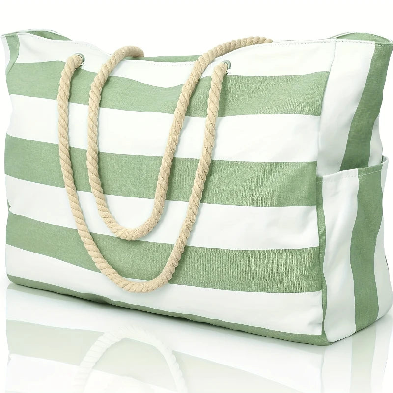 Fashion Striped Beach Tote Bag, Waterproof and Sand-Proof Foldable Beach Bag, Large-Capacity Portable Storage Bag, Shoulder Bag