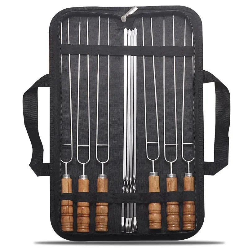10 PCS Stainless Steel BBQ Skewers with Wooden  Handles and Storage Bag