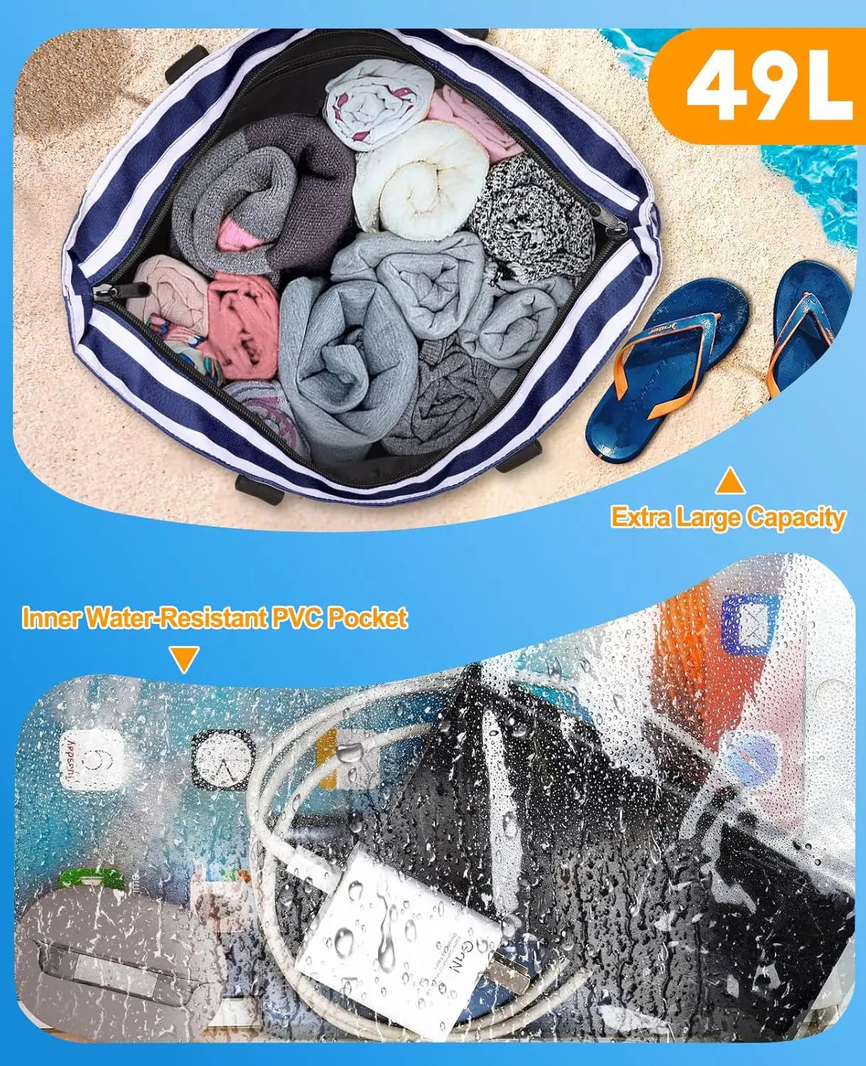 49L Beach Bag with Cooler | Waterproof, Sandproof, Zippered