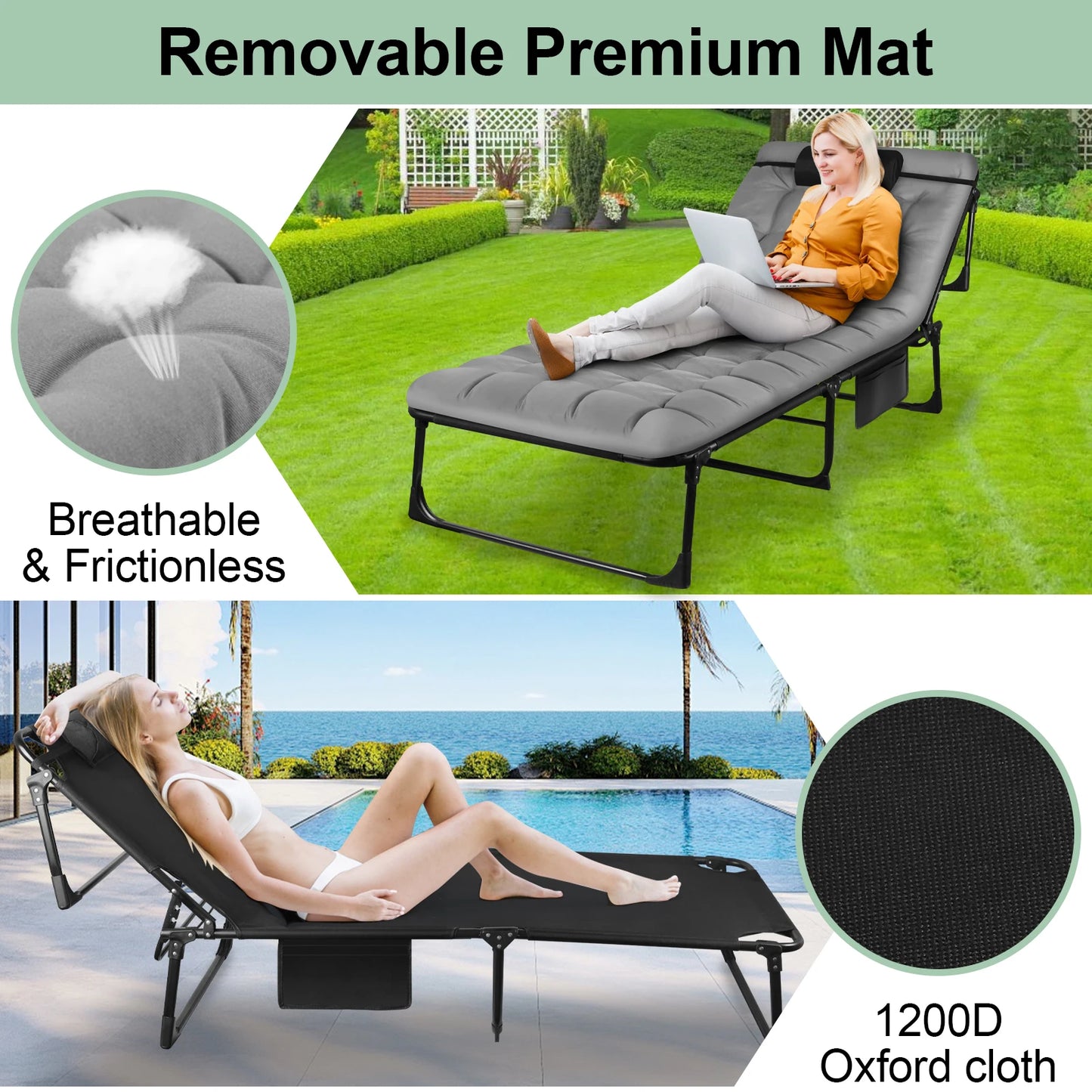 Folding Camping Cot - 3-Position with Pillow
