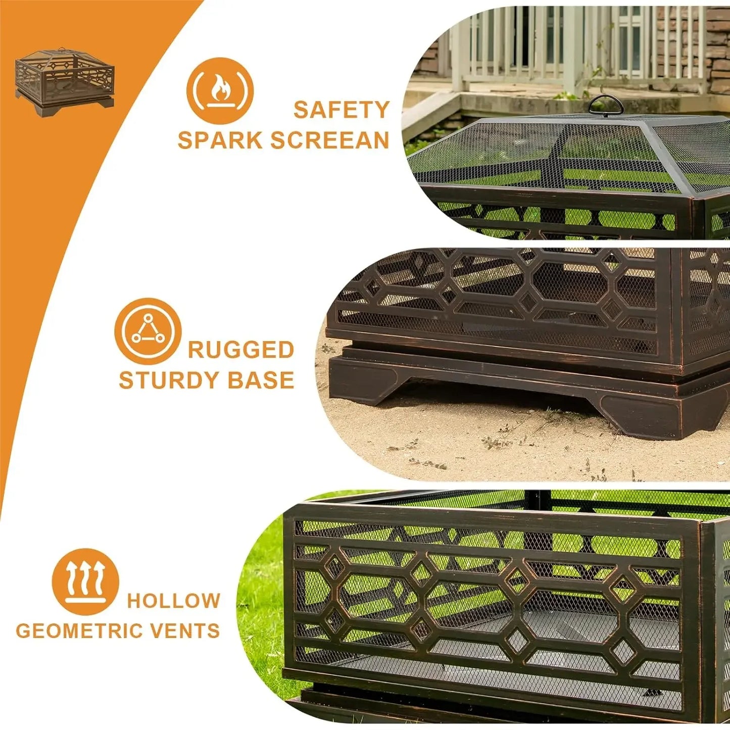 Outdoor Fire Pit, 32 Inch Wood Burning Firepit for Outside with Mesh Cover & Fire Poker, Large Square Metal, Customized