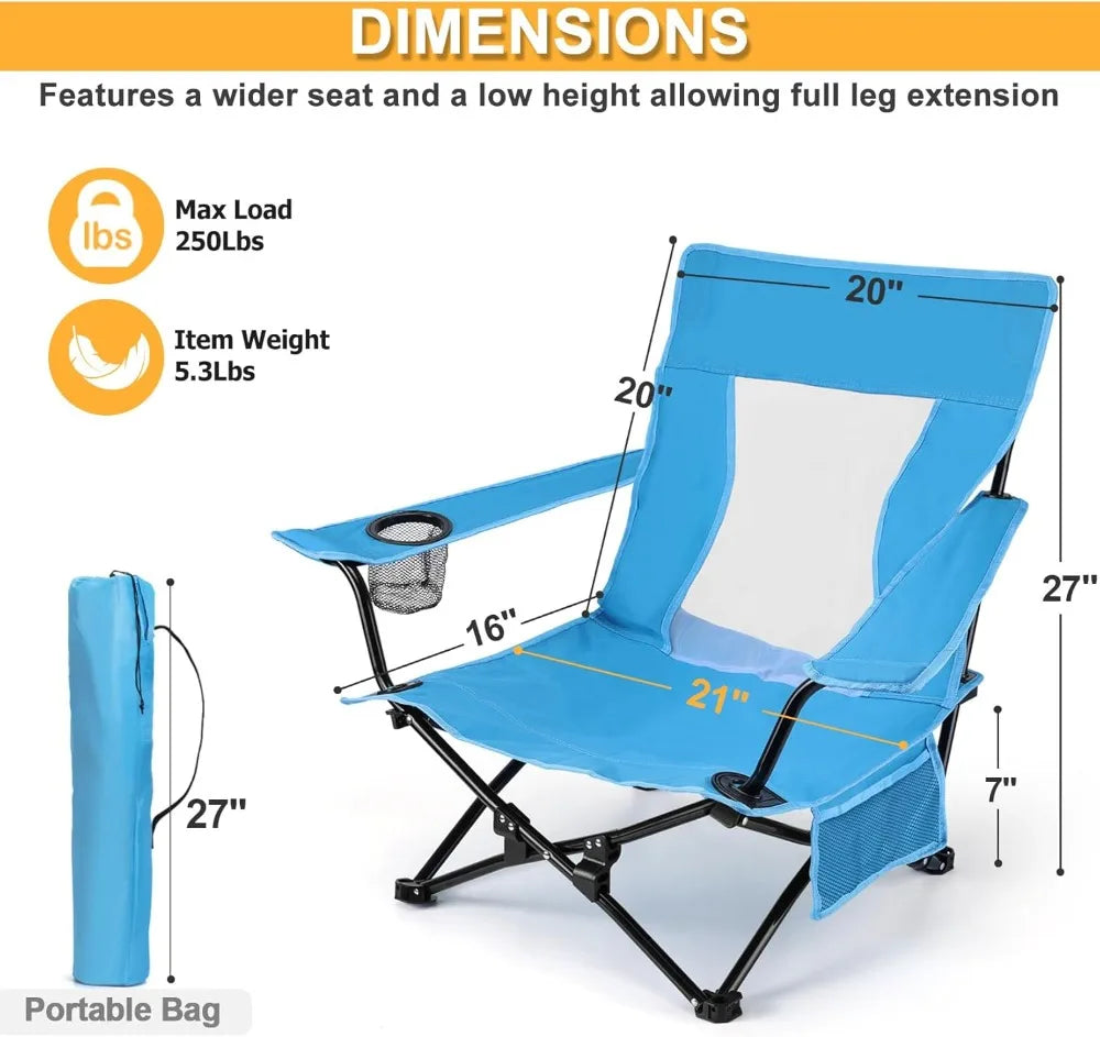 Heavy Duty Beach & Camping Chair (2 Pack) – Folding Outdoor Chair with Cup Holder & Carry Bag