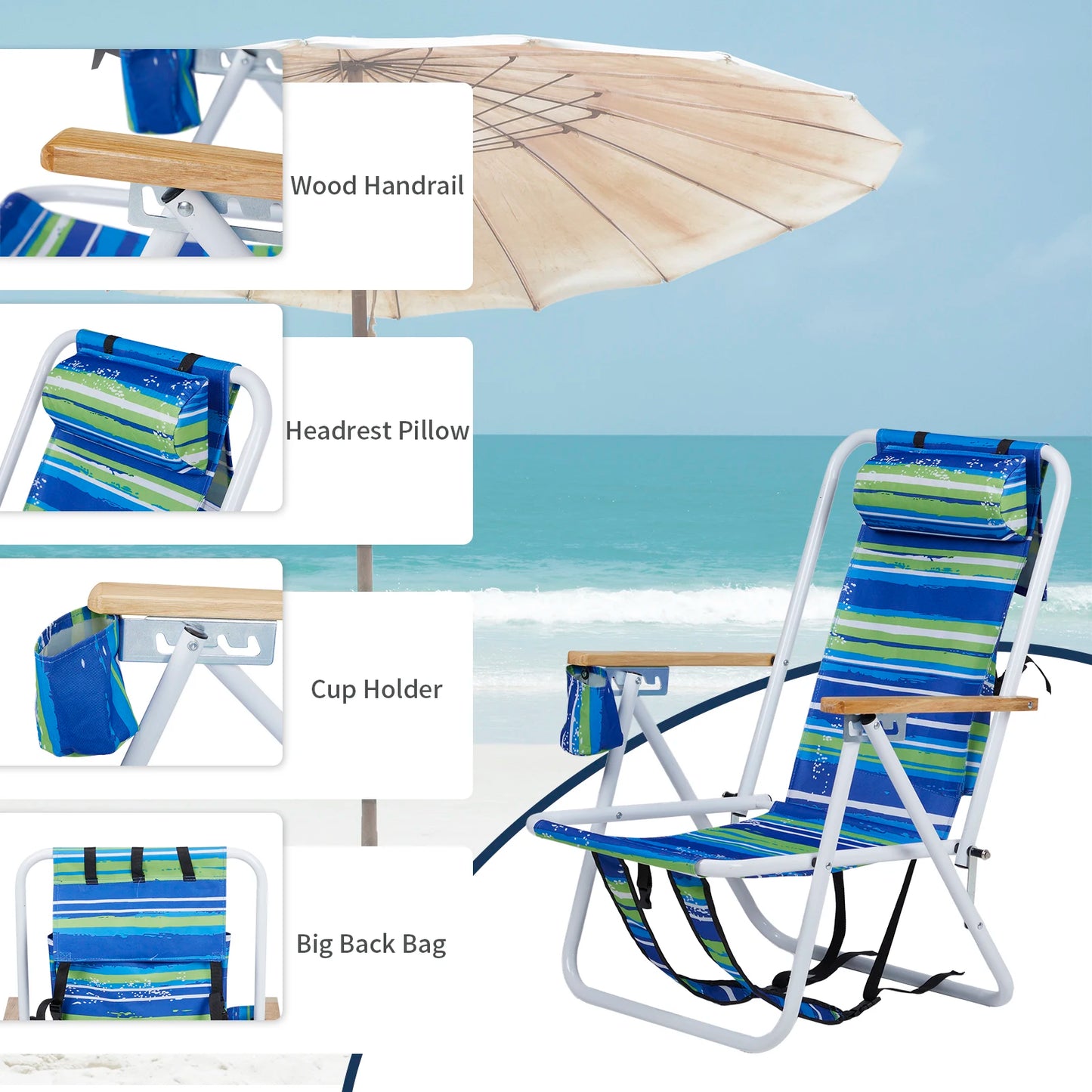 Folding Beach Chair, 4 Position, Wooden Armrests