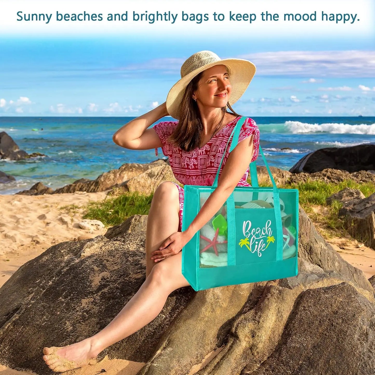 Large Beach Tote with 2 Pockets & Zipper