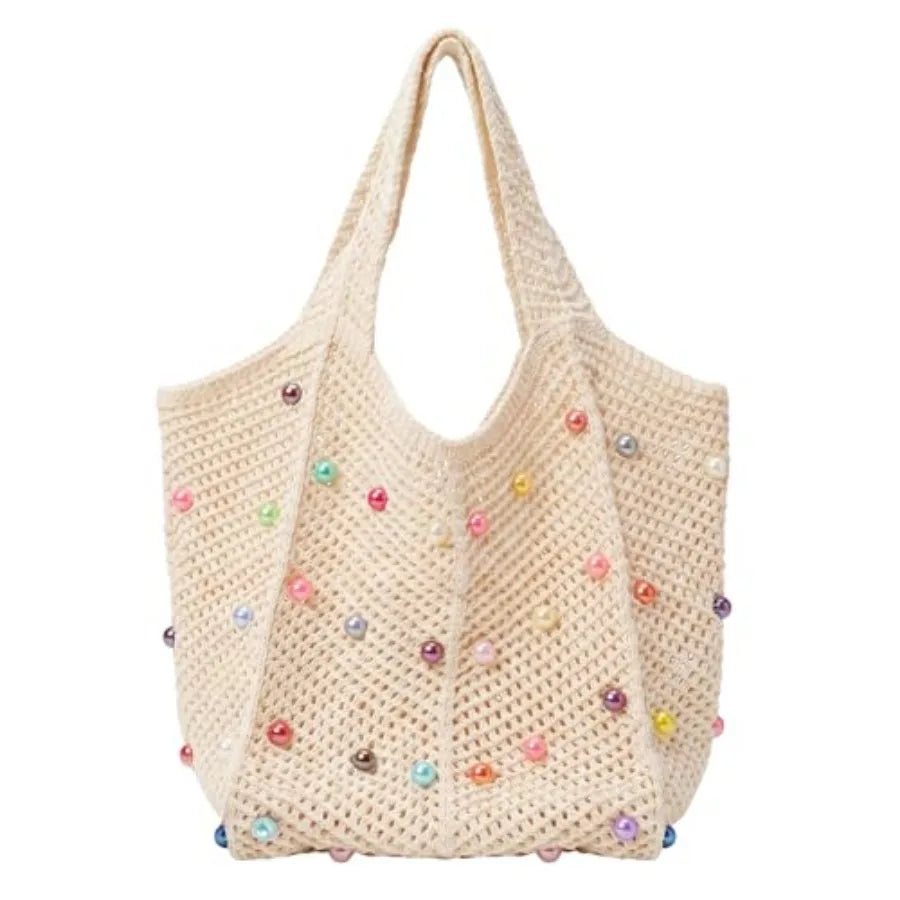 Boho Crochet Beach Tote Bag | Colorful Beaded Knit Shoulder Bag for Women