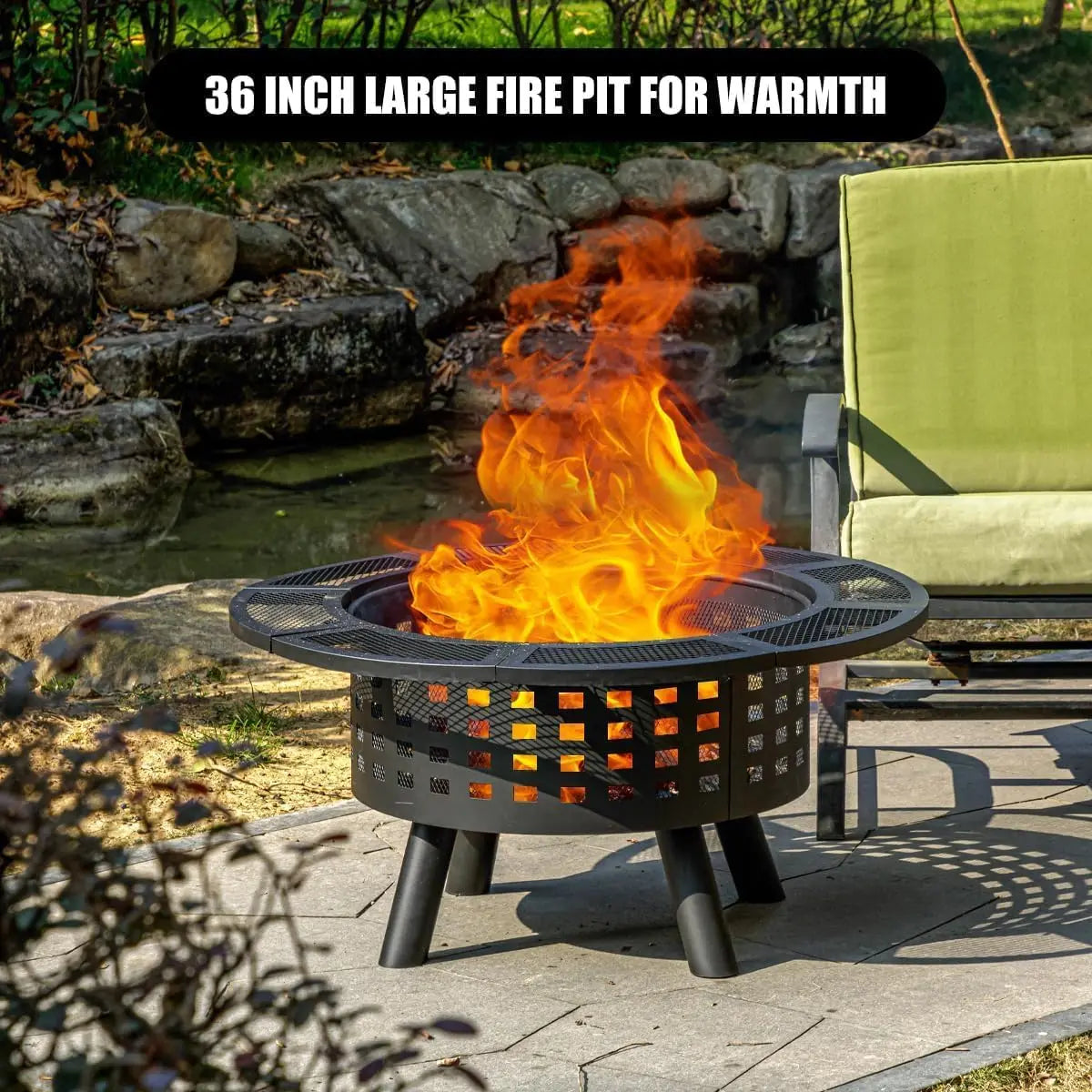 36" 3-in-1 Wood Burning Fire Pit with Grill Grate, Lid & Fire Poker