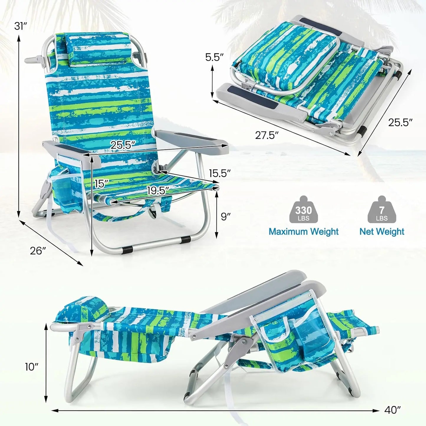 Backpack Beach Chair, 2-Pack, Foldable, 5-Position