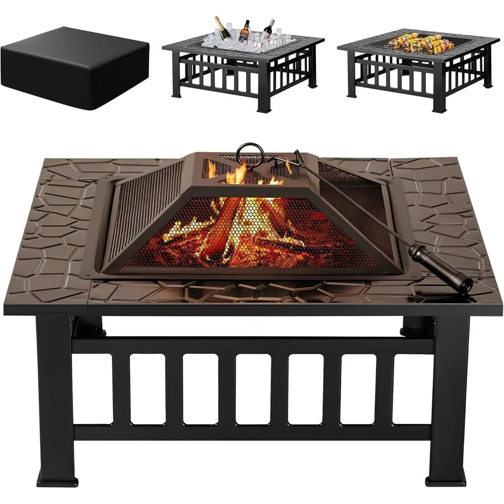 Outdoor ire Pit, 32 Inch irt Table Metal Outdoor ireplaces with Waterproo Cover or Outside Patio Camping (Black)