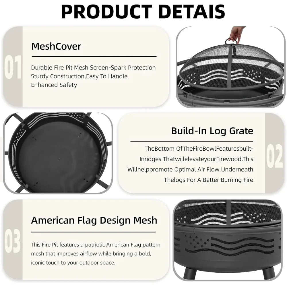32 Inch American Flag Fire Pit with Mesh Cover & Poker