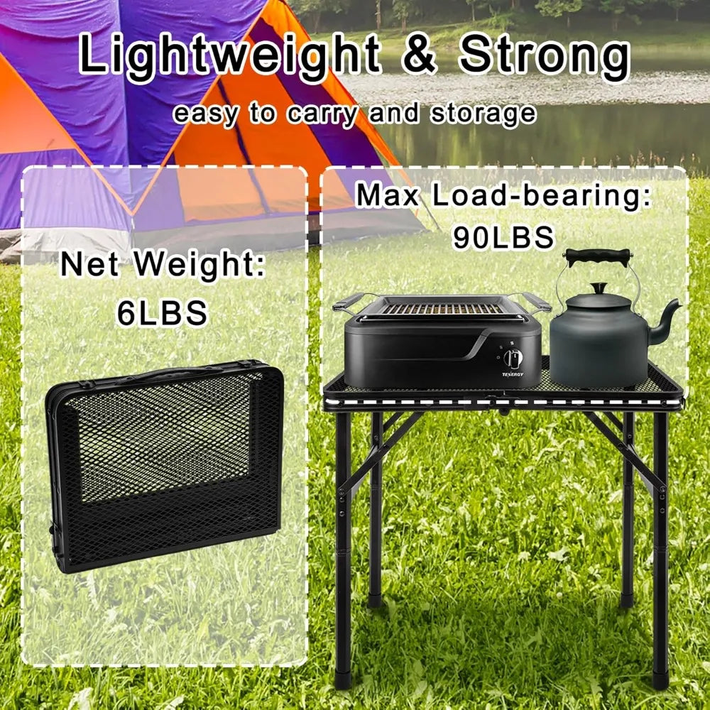 Portable Folding Camping Table | Height Adjustable Metal Mesh Top for Outdoor Cooking & Picnic