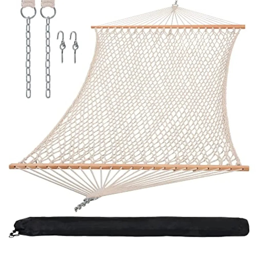 Traditional rope double hammock, hardwood spreader bar and carrying bag, natural color