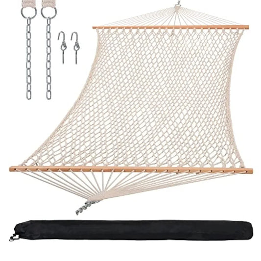 Traditional Rope Double Hammock with Hardwood Spreader Bar and Carrying Bag, Natural Color