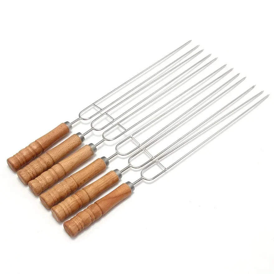 10 PCS Stainless Steel BBQ Skewers with Wooden  Handles and Storage Bag