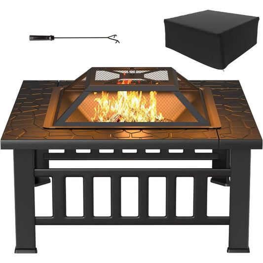 Tuoze 32-Inch Black Metal Firepit Table – Waterproof Cover, Multifunctional for Patio, Garden & Backyard