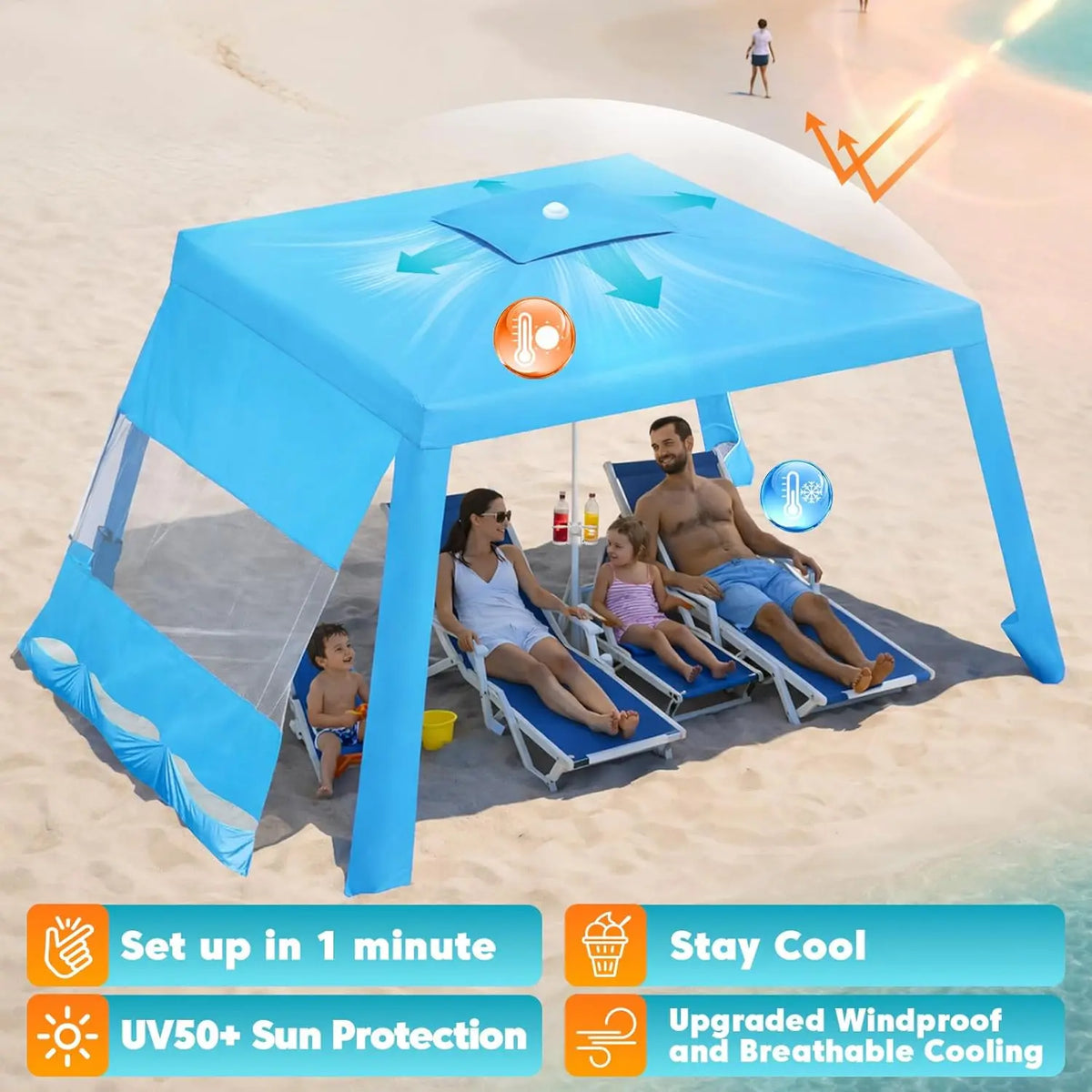 UPF50+ Instant Sun Shade Shelter — 8x8 FT Beach Canopy Tent