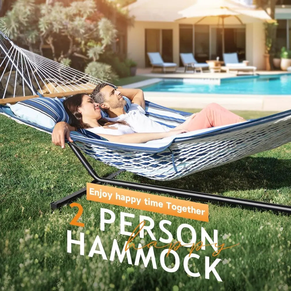 2-Person Cotton Rope Hammock Adjustable Steel Stand