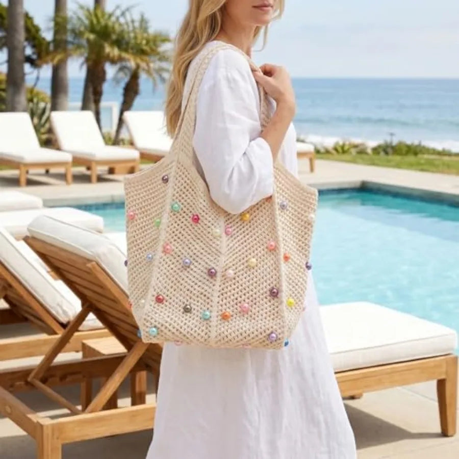 Boho Crochet Beach Tote Bag | Colorful Beaded Knit Shoulder Bag for Women