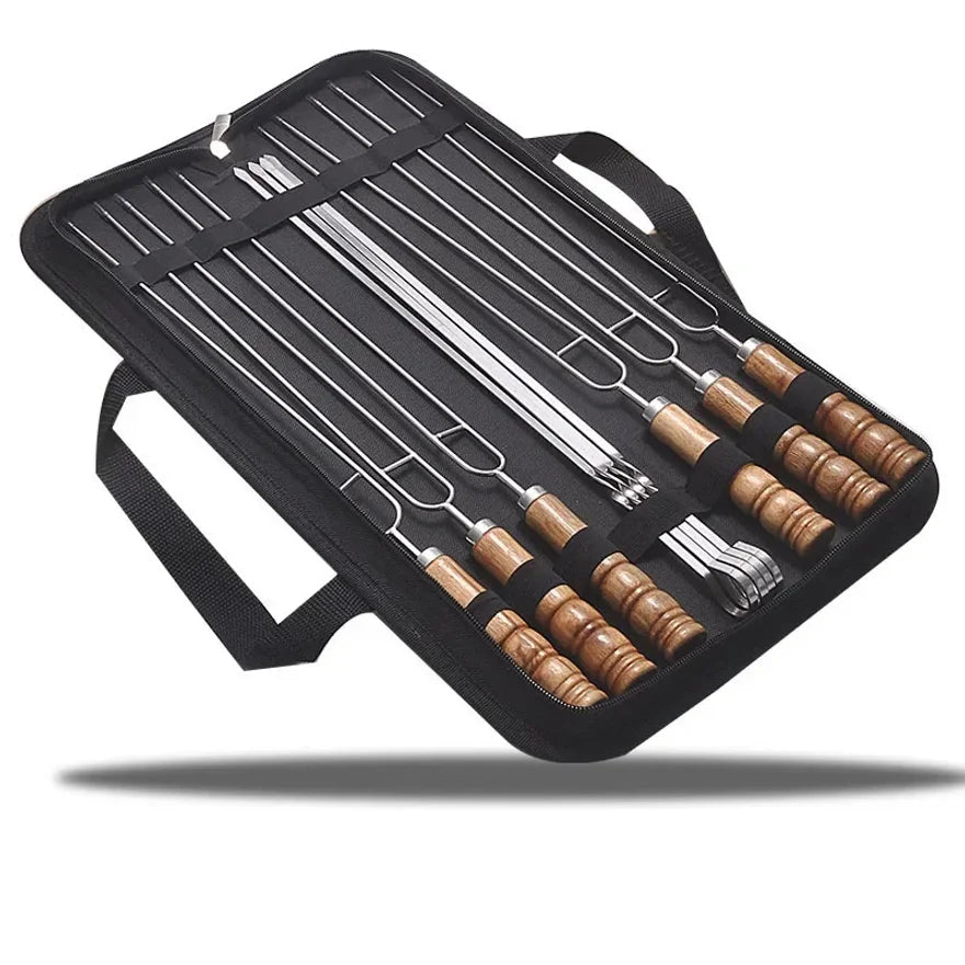 10 PCS Stainless Steel BBQ Skewers with Wooden  Handles and Storage Bag