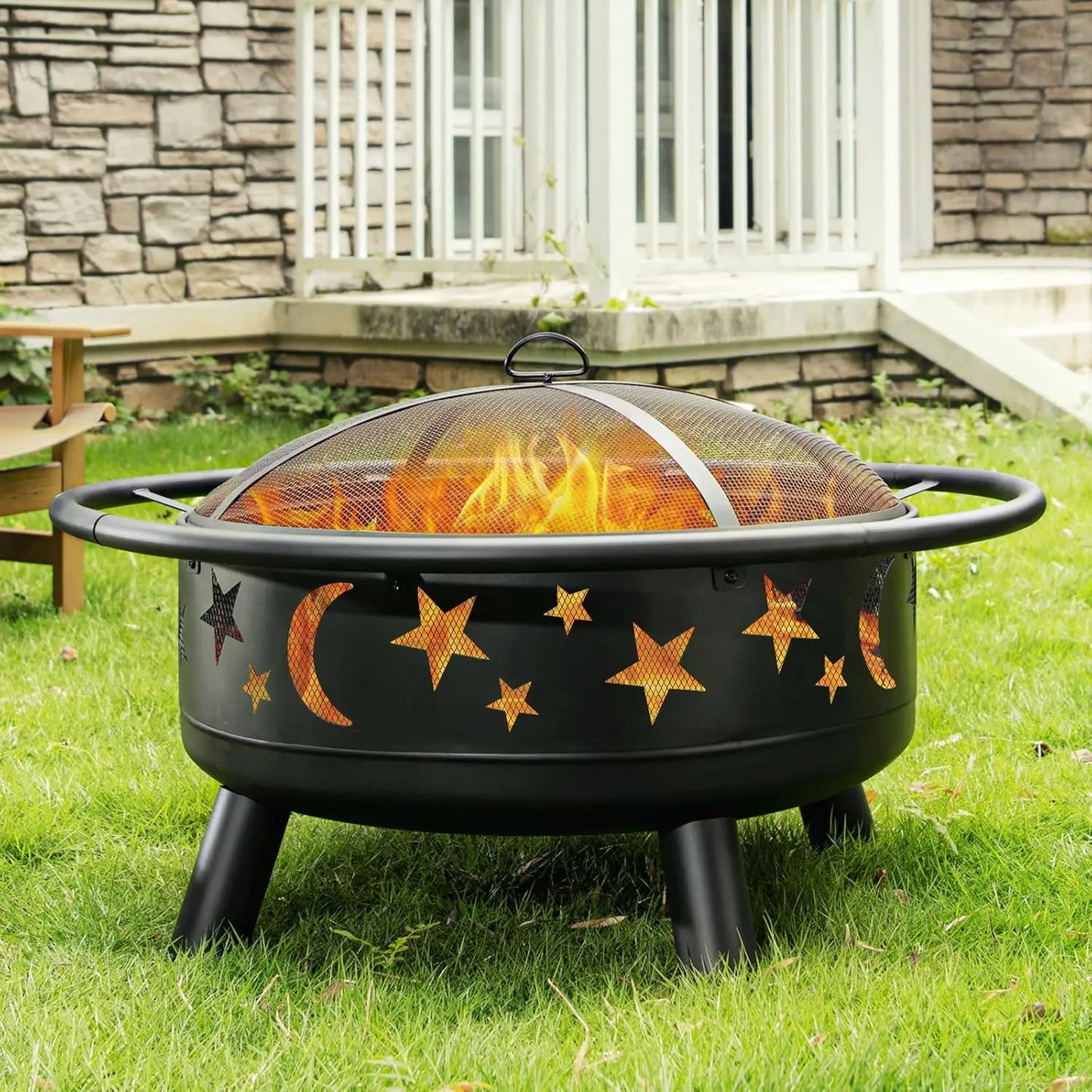 32" Round Wood Burning Fire Pit – Star & Moon Design with Mesh Cover and Poker
