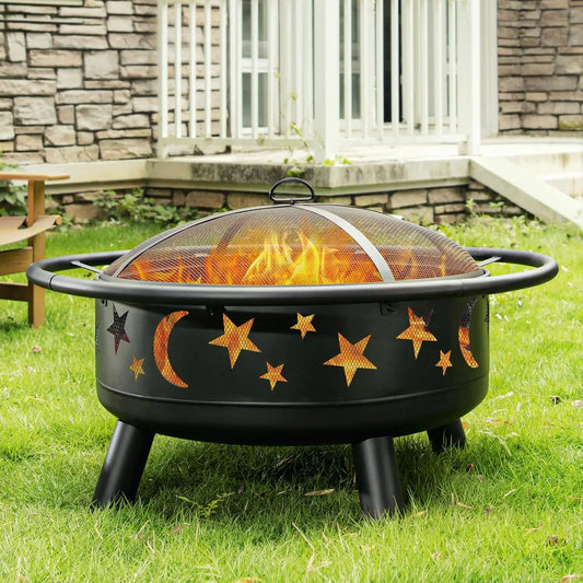 32" Round Wood Burning Fire Pit – Star & Moon Design with Mesh Cover and Poker
