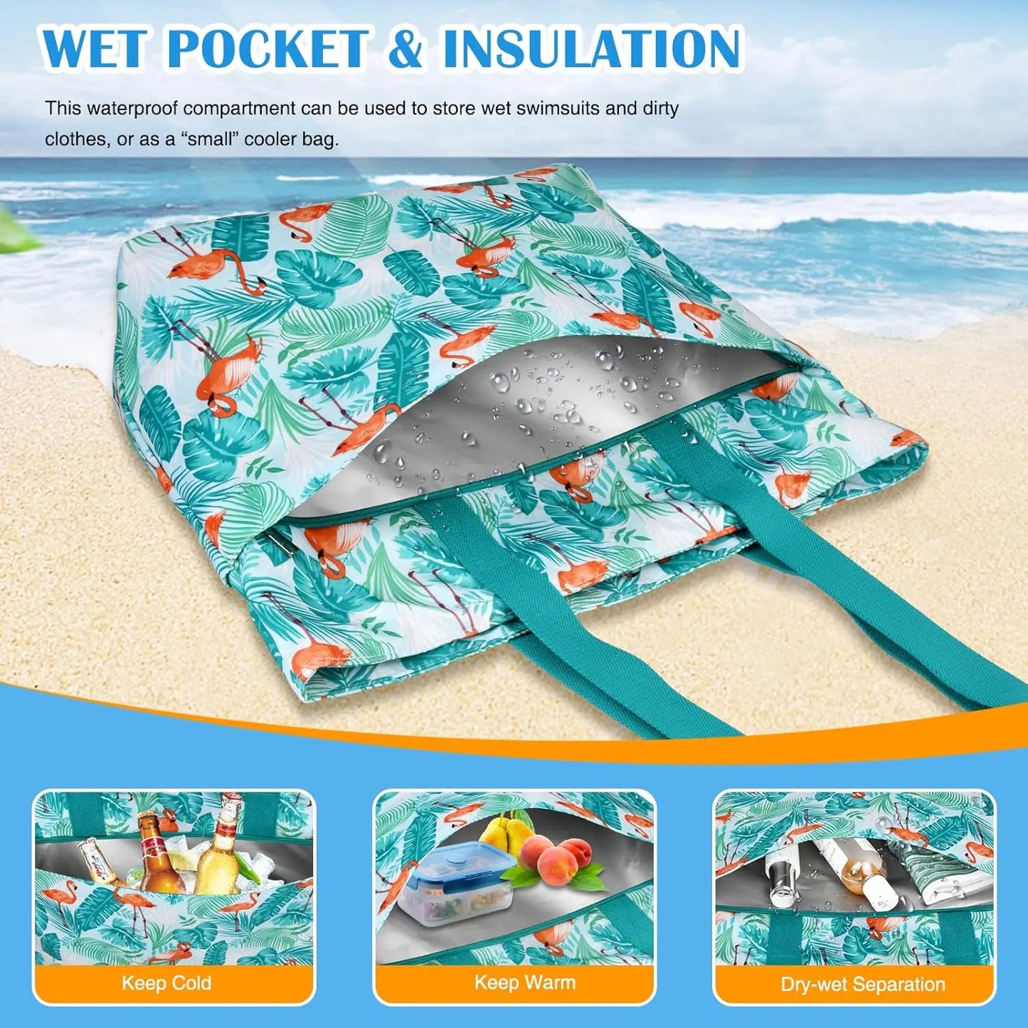 Large Beach Bag with Zipper, Waterproof, Sandproof, with Wet Pocket