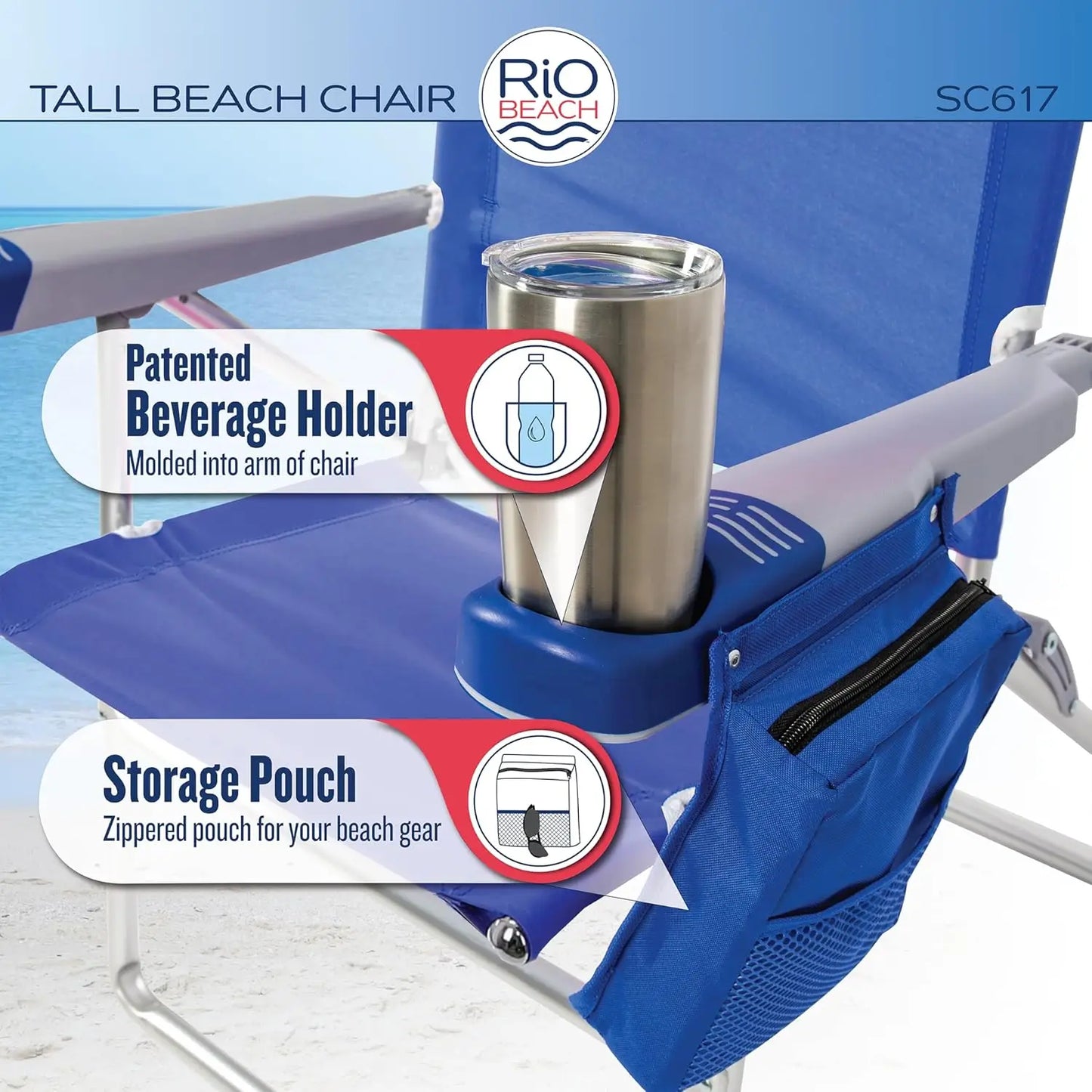 Beach Chairs 2-Pack 17" Extended Height 4-Position Folding Beach Chair
