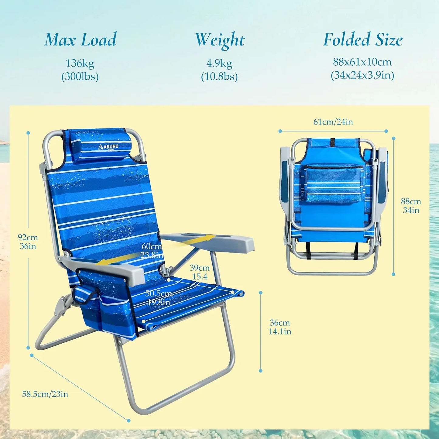 Tall Beach Chairs for Adults 2 Pack — 5-Position Lay Flat High Seat with Cooler