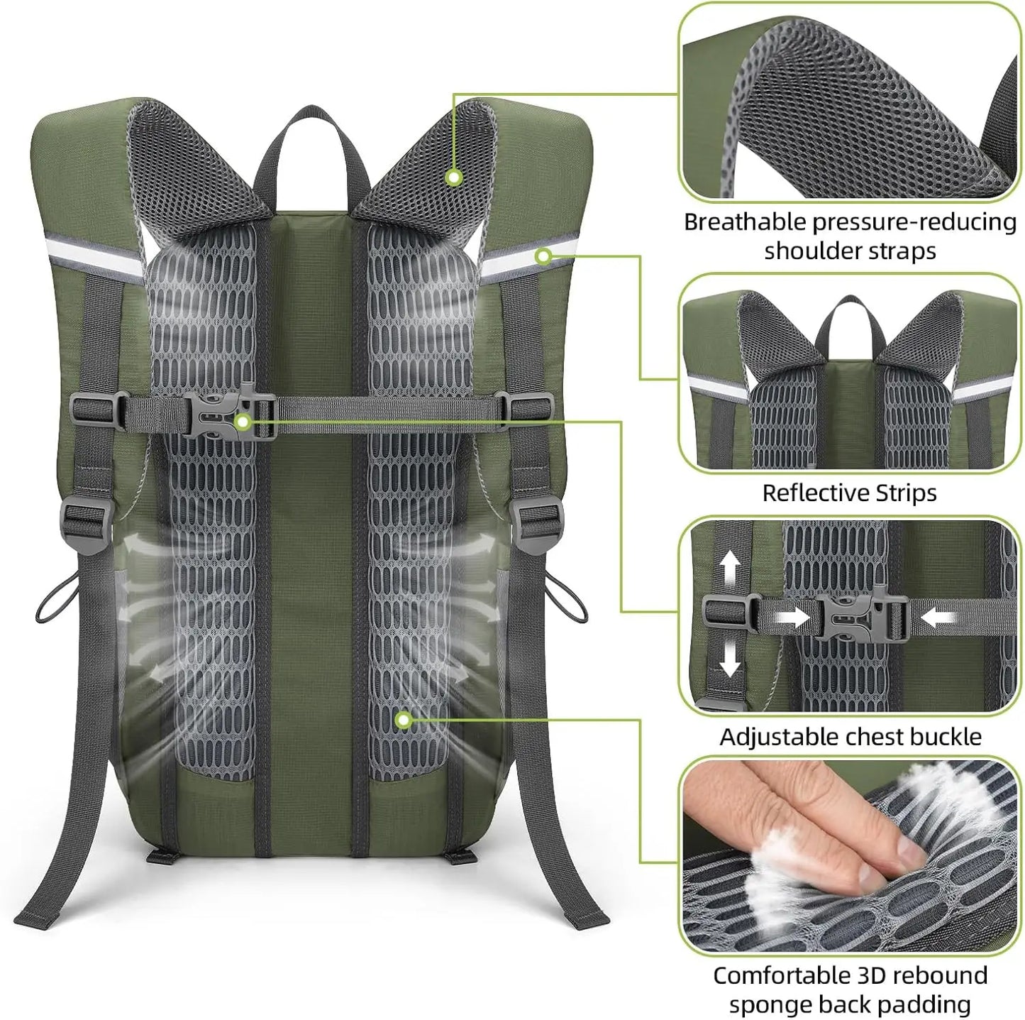 20L Waterproof Hiking Backpack | Lightweight Ergonomic Daypack for Men & Women — Army Green