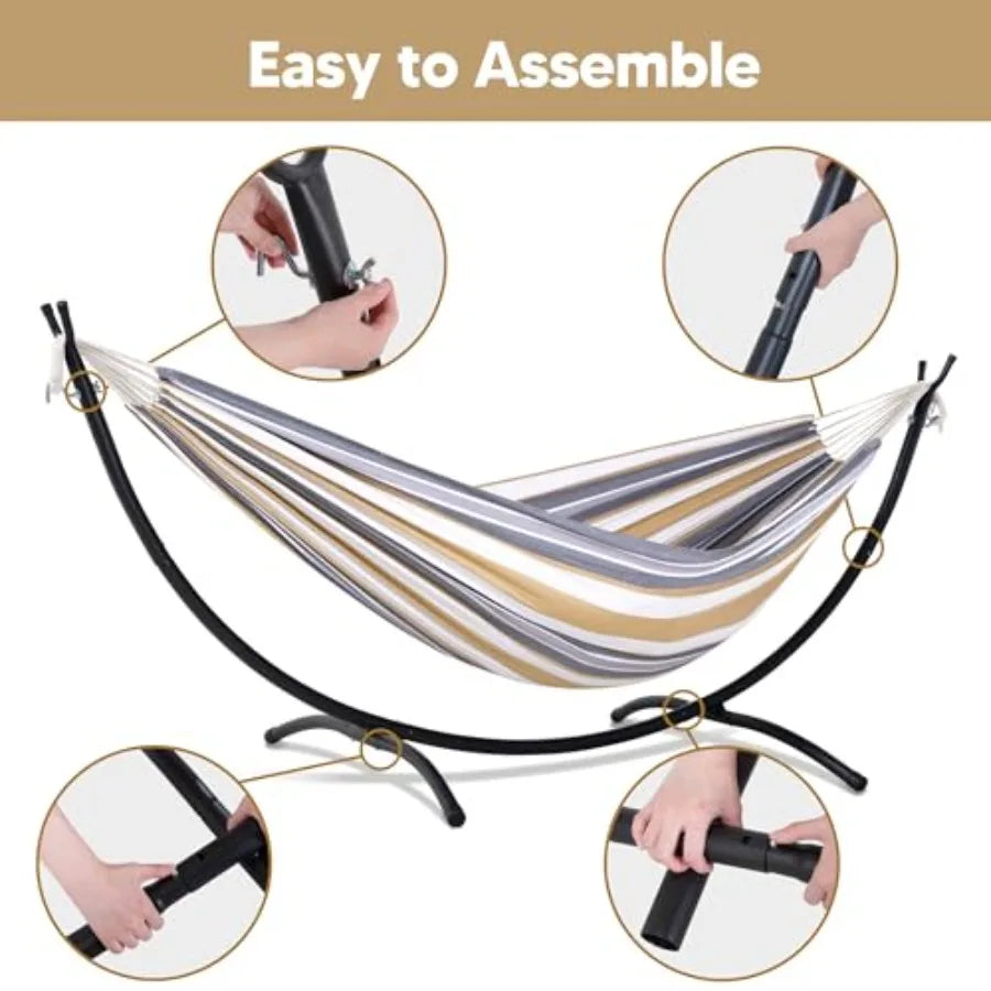 2 Person Hammock with Stand for Outdoor Patio Use, Heavy Duty Steel Frame, Coffee Stripes Pattern, Easy Setup Portable Design