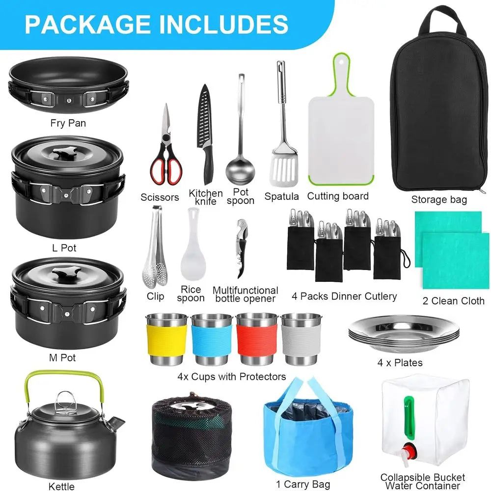 42 Pcs Camping Cookware Kit, Non Stick Lightweight Pots Pan Kettle, Collapsible Water Container and Bucket, Stainless Steel Cups