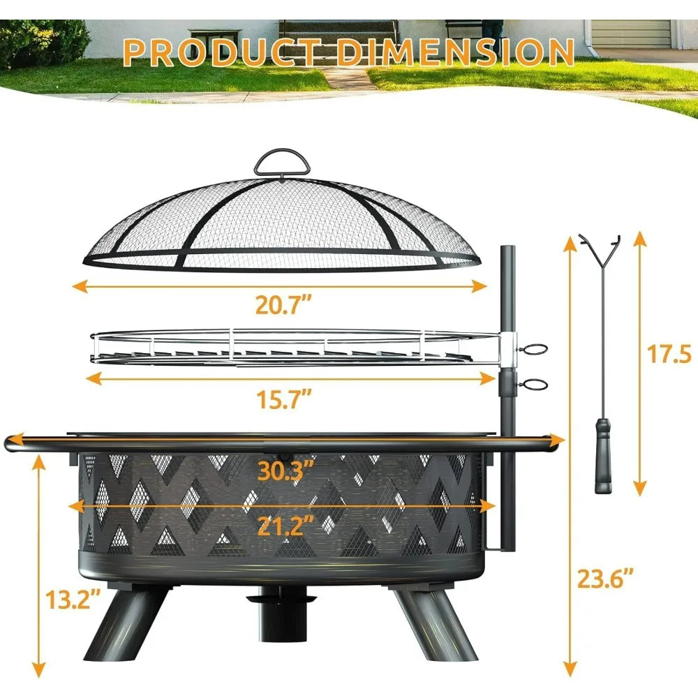 30 Inch Wood Burning Fire Pit - BBQ Grill Grate, Spark Screen, Poker, Lid